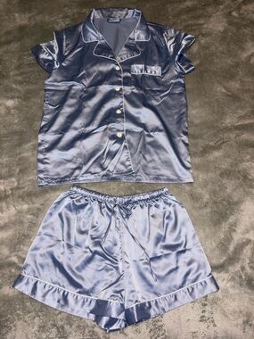 Satin Short Sleeve Pajama Set - light blue